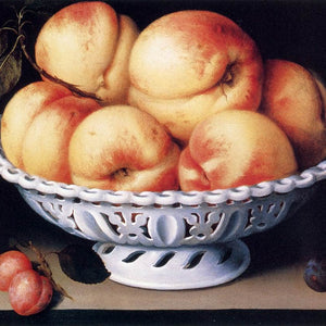 White Ceramic Bowl with Peaches and Red and Blue Plums
