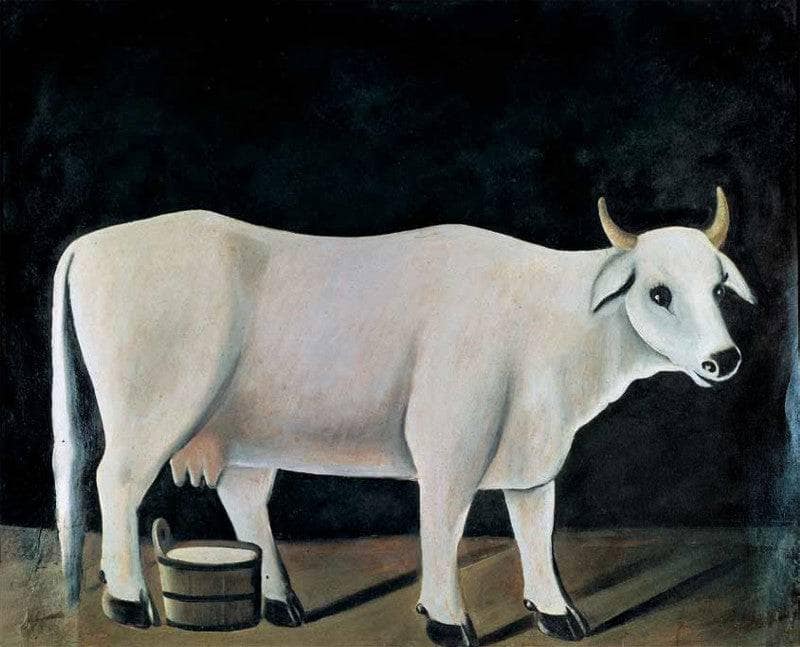 White cow on a black background by Niko Pirosmani — hand-painted animal oil painting reproduction on canvas