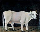 White cow on a black background by Niko Pirosmani — hand-painted animal oil painting reproduction on canvas