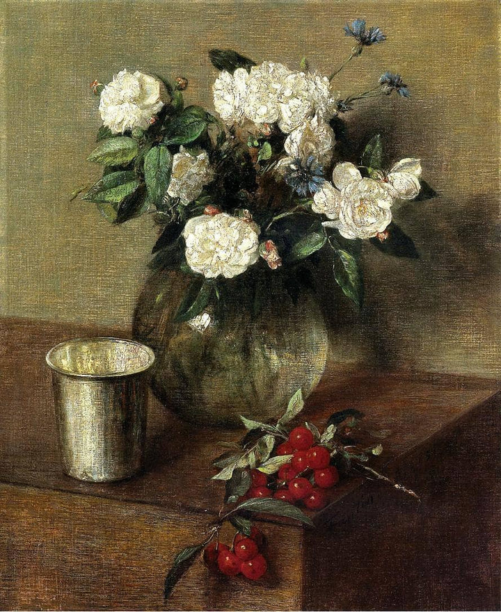 White Roses and Cherries by Henri Fantin-Latour — hand-painted botanical oil painting reproduction on canvas