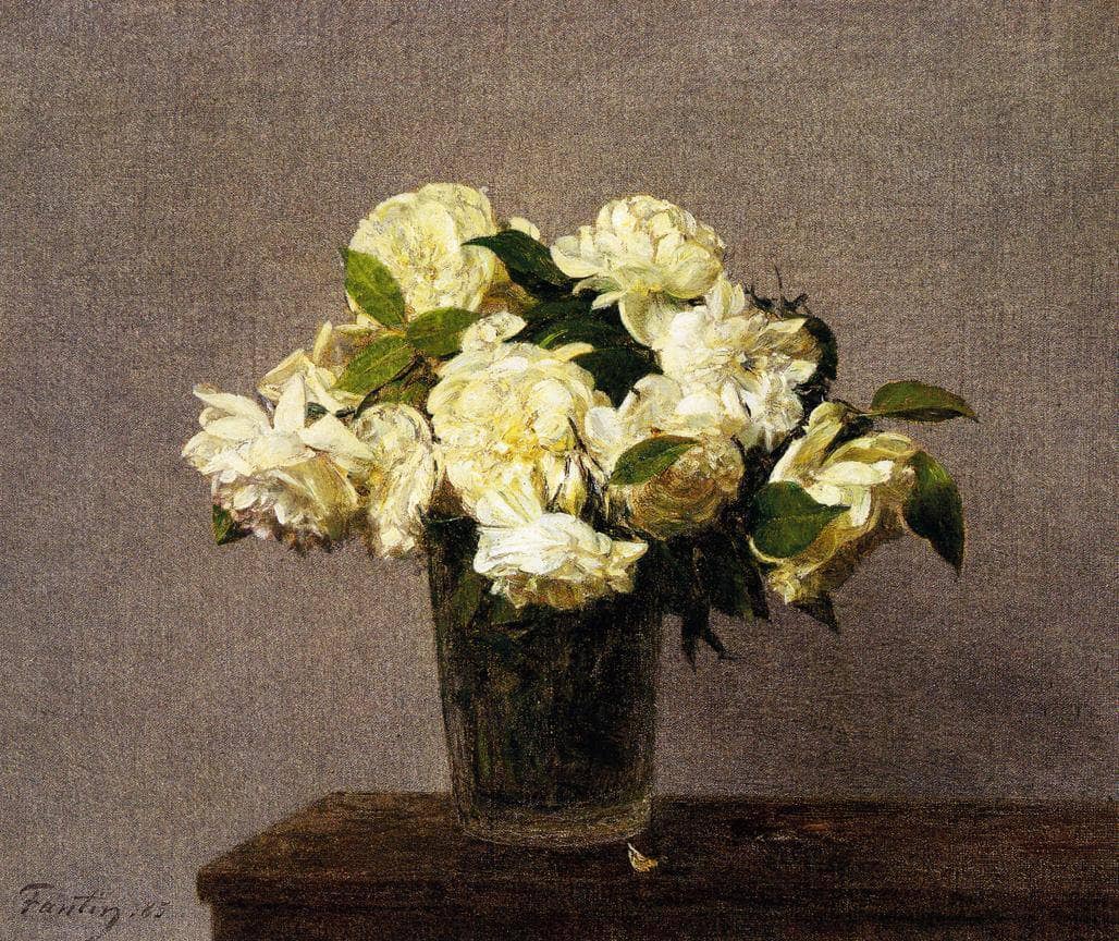 White Roses in a Vase by Henri Fantin-Latour — hand-painted botanical oil painting reproduction on canvas