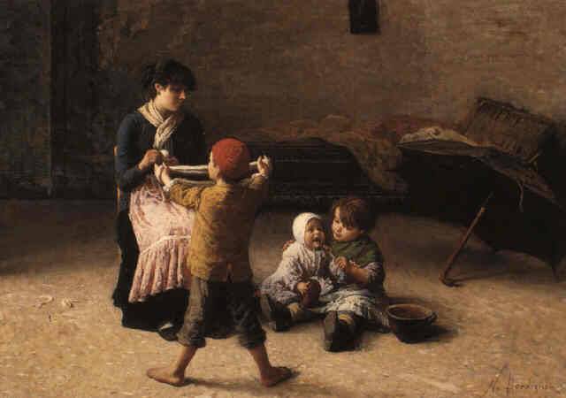 Winding the wool by Noè Bordignon — hand-painted portrait oil painting reproduction on canvas