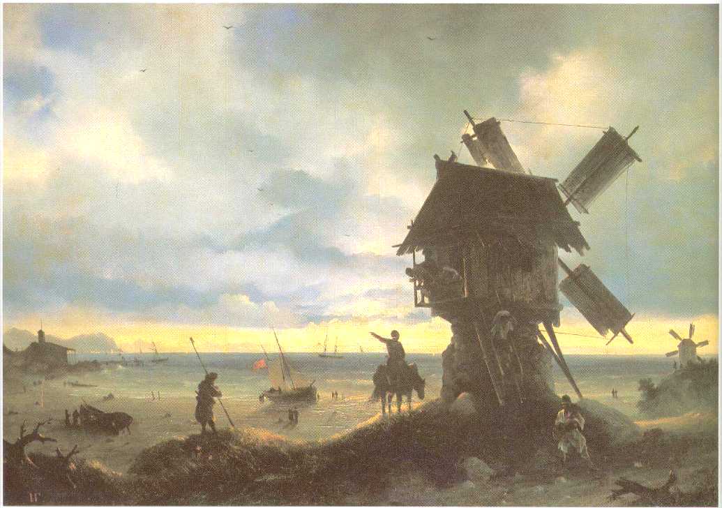 Windmill on the Sea Coast by Ivan Aivazovsky — hand-painted landscape oil painting reproduction on canvas