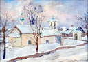 Winter landscape with a church by Nikolay Bogdanov-Belsky — hand-painted architectural oil painting reproduction on canvas