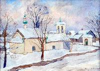 Winter landscape with a church by Nikolay Bogdanov-Belsky — hand-painted architectural oil painting reproduction on canvas