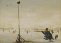 Winter Landscape with a Hunter Shooting Duck at the Edge of a Frozen Waterway / Winter Landscape with a Duck Hunter by Hendrick Avercamp — hand-painted landscape oil painting reproduction on canvas