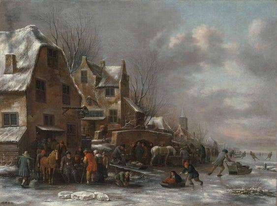 Winter landscape with ice skaters in front of a city