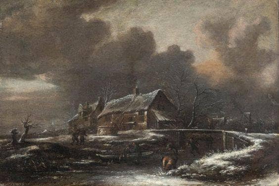 Winter landscape with ice skaters on frozen river In front of country houses woman at fountain by Klaes Molenaer — hand-painted landscape oil painting reproduction on canvas