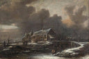 Winter landscape with ice skaters on frozen river In front of country houses woman at fountain by Klaes Molenaer — winter oil painting wall art, Baroque