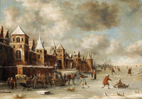 Winterlandschap met schaatsers nabij de stadsmuren.
