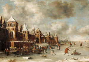 Winterlandschap met schaatsers nabij de stadsmuren. - Klaes Molenaer