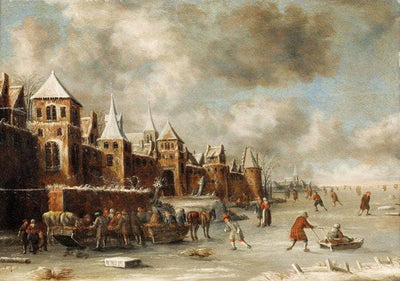Winterlandschap met schaatsers nabij de stadsmuren. in study
