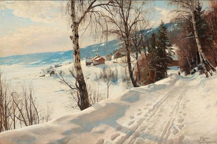 Winterscene from Vignaes by Peder Mørk Mønsted — hand-painted landscape oil painting reproduction on canvas