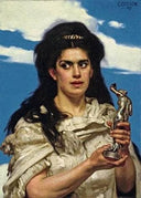 Woman against blue sky, holding a bronze figure by Karl Gussow — female oil painting wall art, Realism