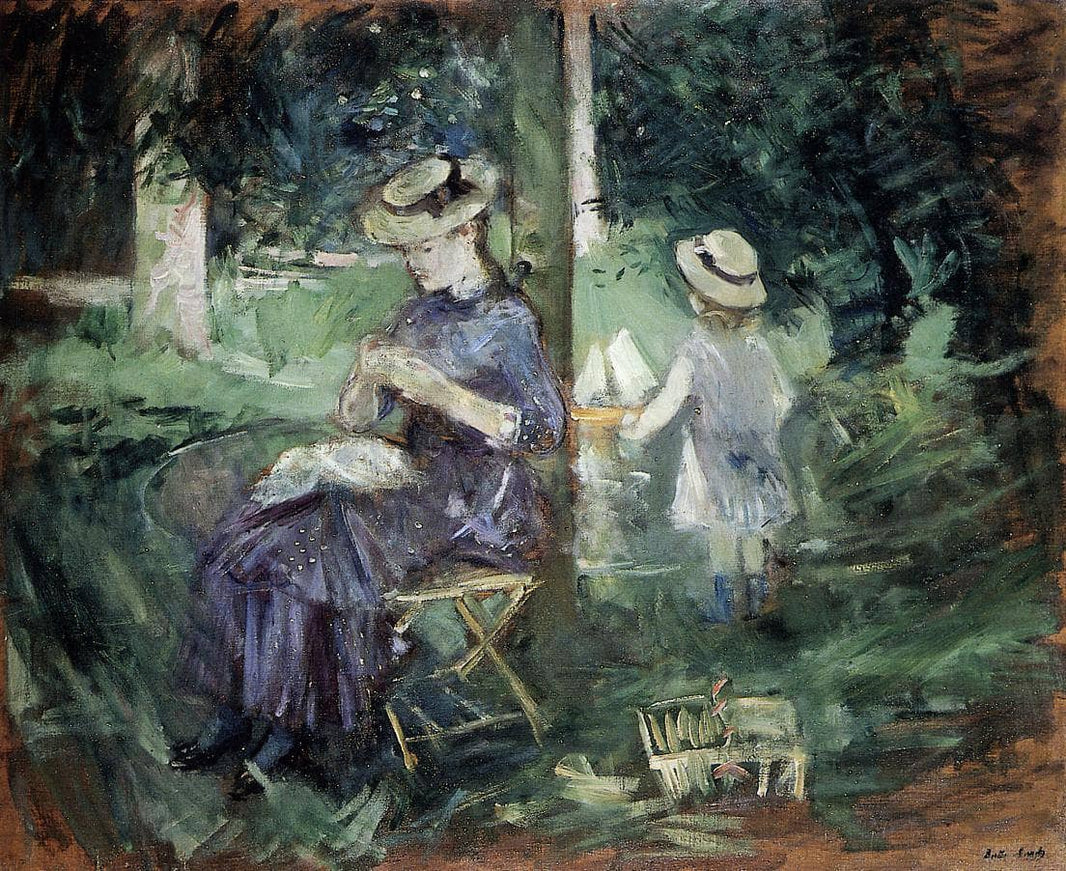Woman and Child in a Garden by Berthe Morisot — hand-painted botanical oil painting reproduction on canvas