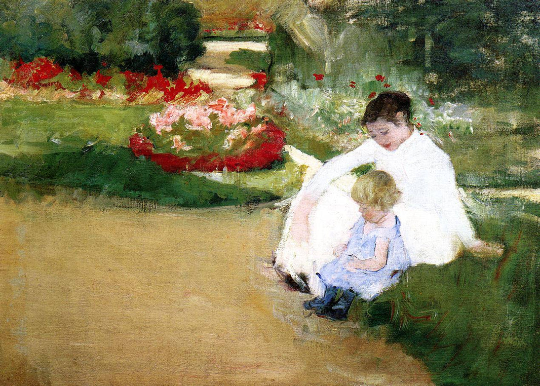 Woman and Child Seated in a Garden by Mary Cassatt, hand-painted portrait oil painting reproduction on canvas