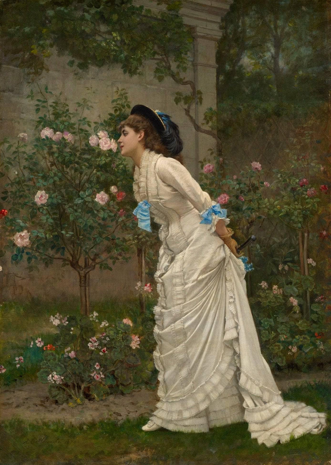 Woman and roses by Auguste Toulmouche — hand-painted portrait oil painting reproduction on canvas