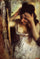 Woman Combing Her Hair in front of a Mirror in apartment