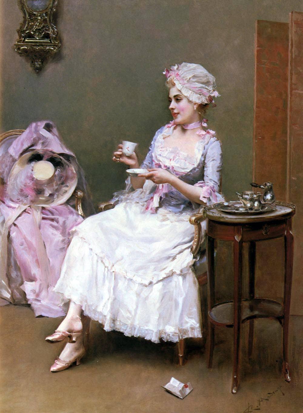 Woman Drinking A Hot Chocolate by Raimundo de Madrazo — hand-painted portrait oil painting reproduction on canvas