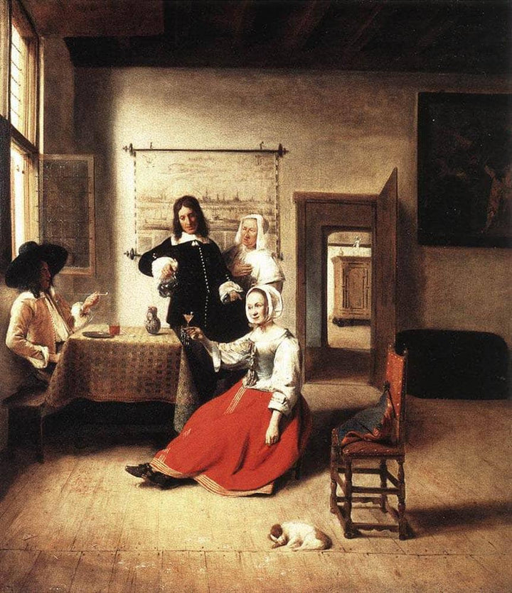 Woman drinking with soldiers by Pieter de Hooch — hand-painted portrait oil painting reproduction on canvas