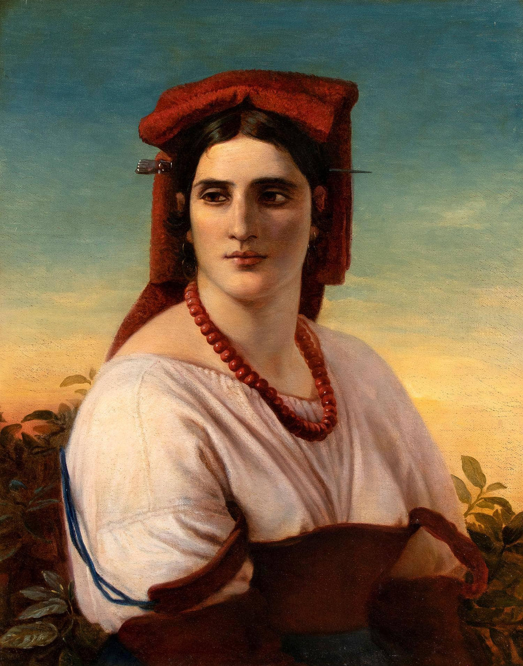 Woman from Ciociaria with red veil by Elisabeth Jerichau-Baumann — hand-painted portrait oil painting reproduction on canvas
