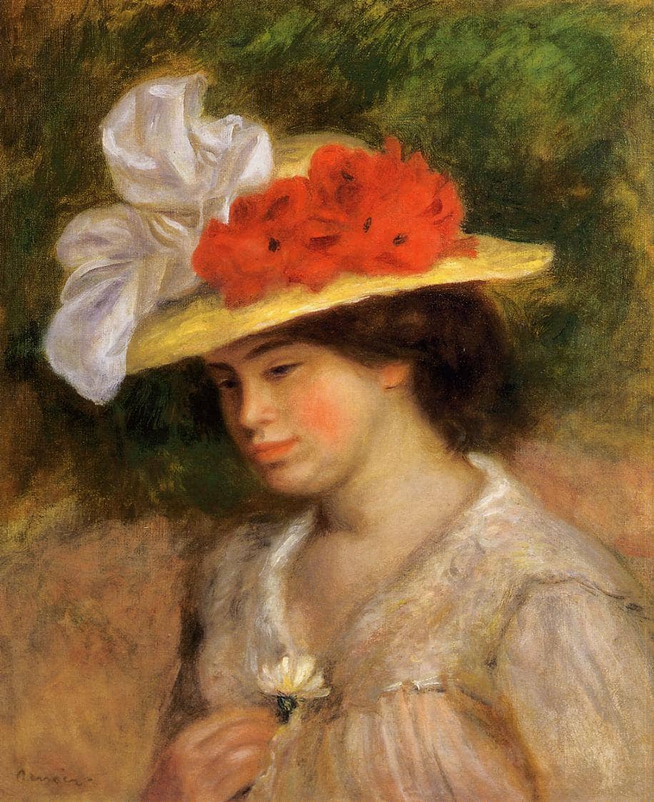 Woman in a Flowered Hat by Pierre-Auguste Renoir — hand-painted portrait oil painting reproduction on canvas