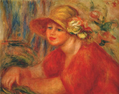 Woman in a hat with flowers in master bedroom