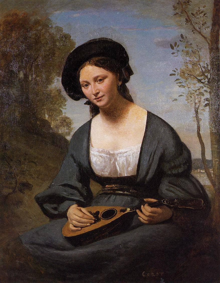 Woman in a Toque with a Mandolin by Camille Corot — hand-painted portrait oil painting reproduction on canvas
