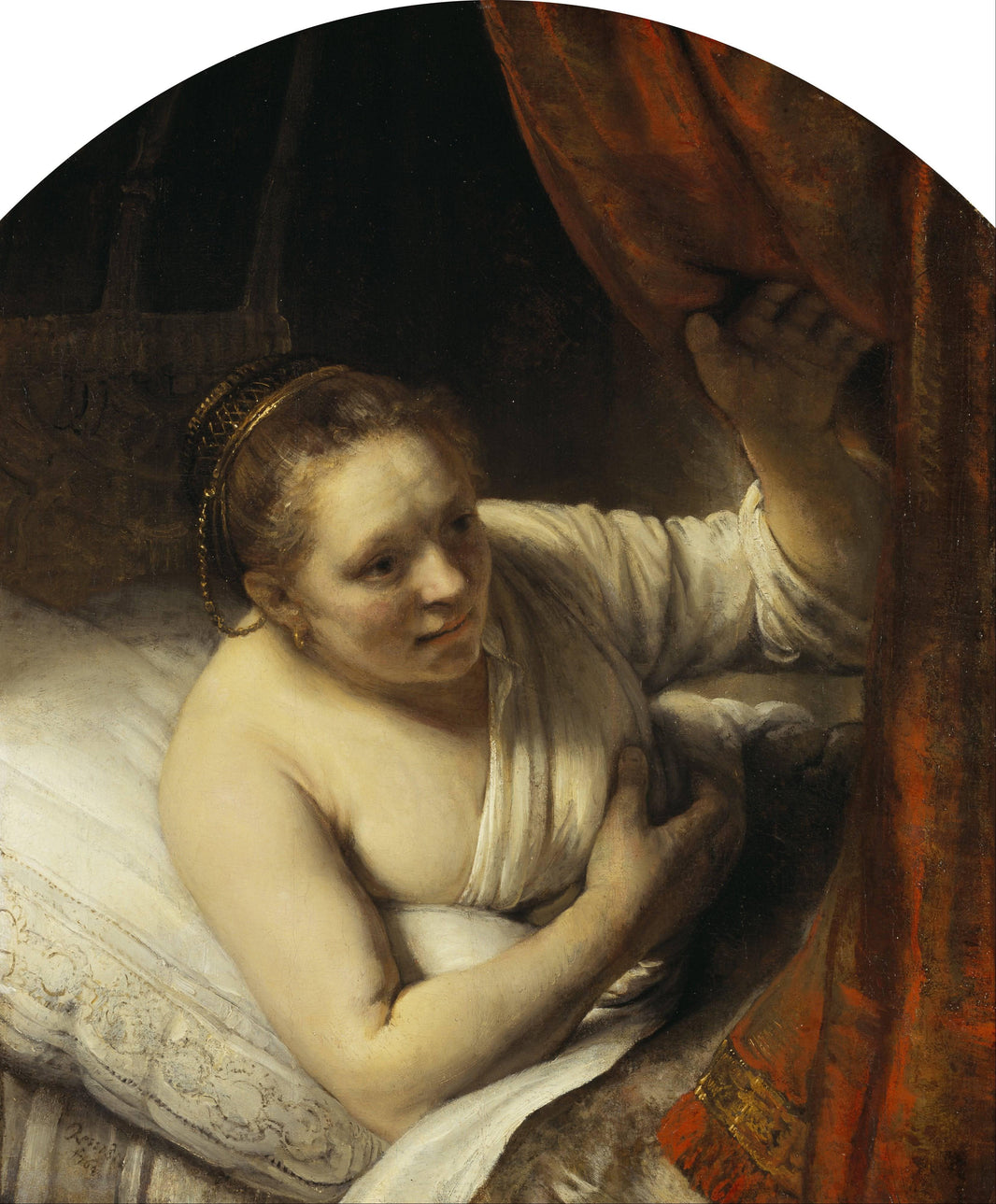 Woman in bed by Rembrandt — hand-painted portrait oil painting reproduction on canvas