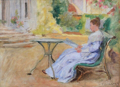 Woman in the garden reading (the artist's daughter?) in master bedroom