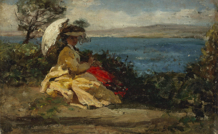 Woman in the umbrella, Douarnenez Bay by Jules Breton — hand-painted landscape oil painting reproduction on canvas