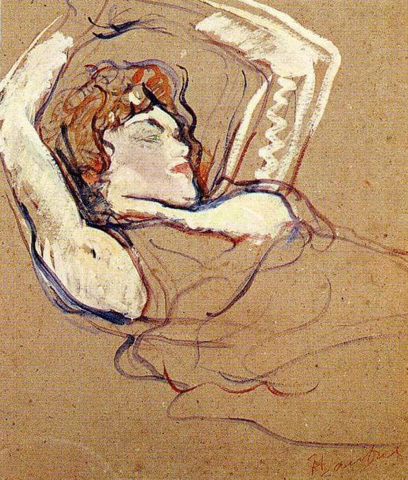 Woman Lying on Her Back, Both Arms Raised by Henri de Toulouse-Lautrec — hand-painted portrait oil painting reproduction on canvas