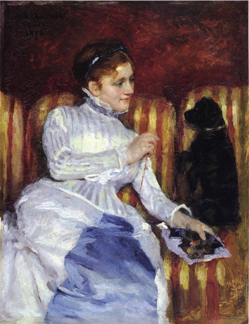 Woman on a Striped Sofa with a Dog by Mary Cassatt — hand-painted animal oil painting reproduction on canvas