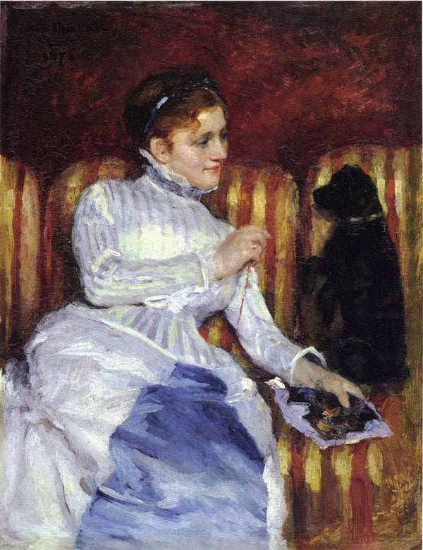 Woman on a Striped Sofa with a Dog