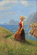 Woman on Hillside by Hans Dahl — hand-painted landscape oil painting reproduction on canvas