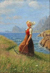 Woman on Hillside by Hans Dahl — hand-painted landscape oil painting reproduction on canvas