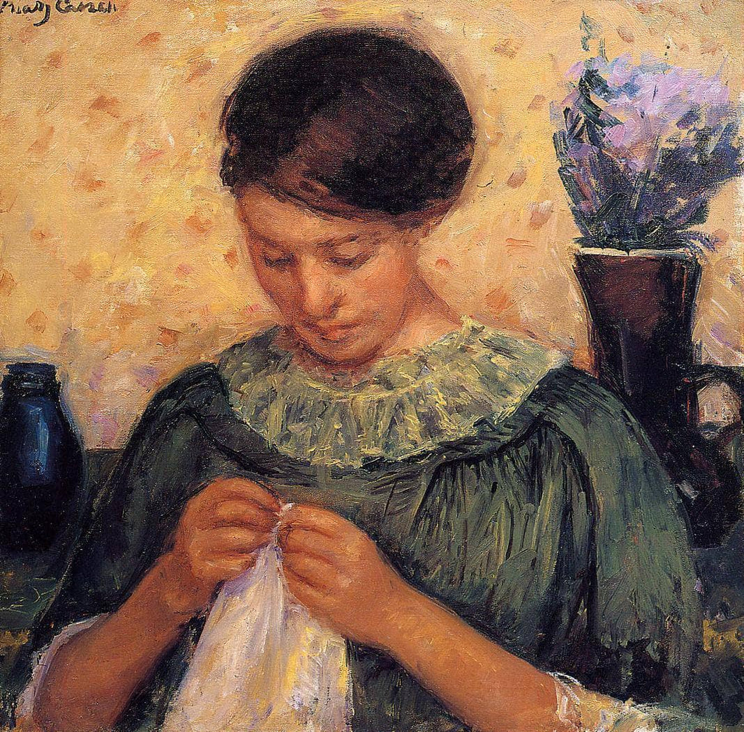 Woman Sewing by Mary Cassatt — hand-painted portrait oil painting reproduction on canvas