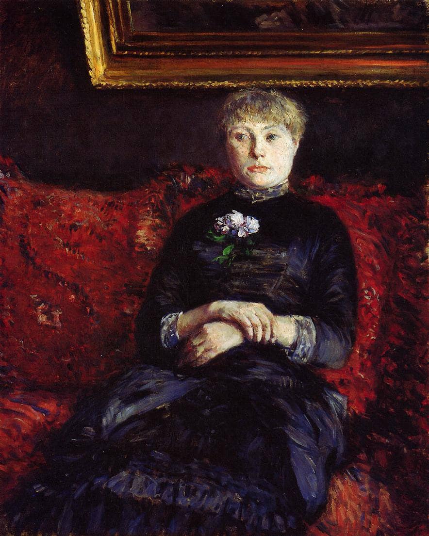 Woman Sitting on a Red Flowered Sofa by Gustave Caillebotte — hand-painted portrait oil painting reproduction on canvas