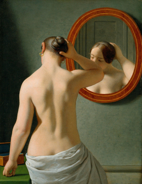 Woman Standing in Front of a Mirror or Morning Toilette