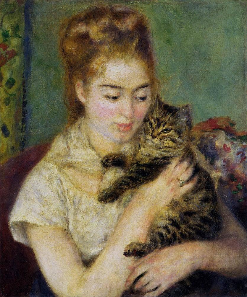 Woman with a Cat by Pierre-Auguste Renoir — hand-painted animal oil painting reproduction on canvas