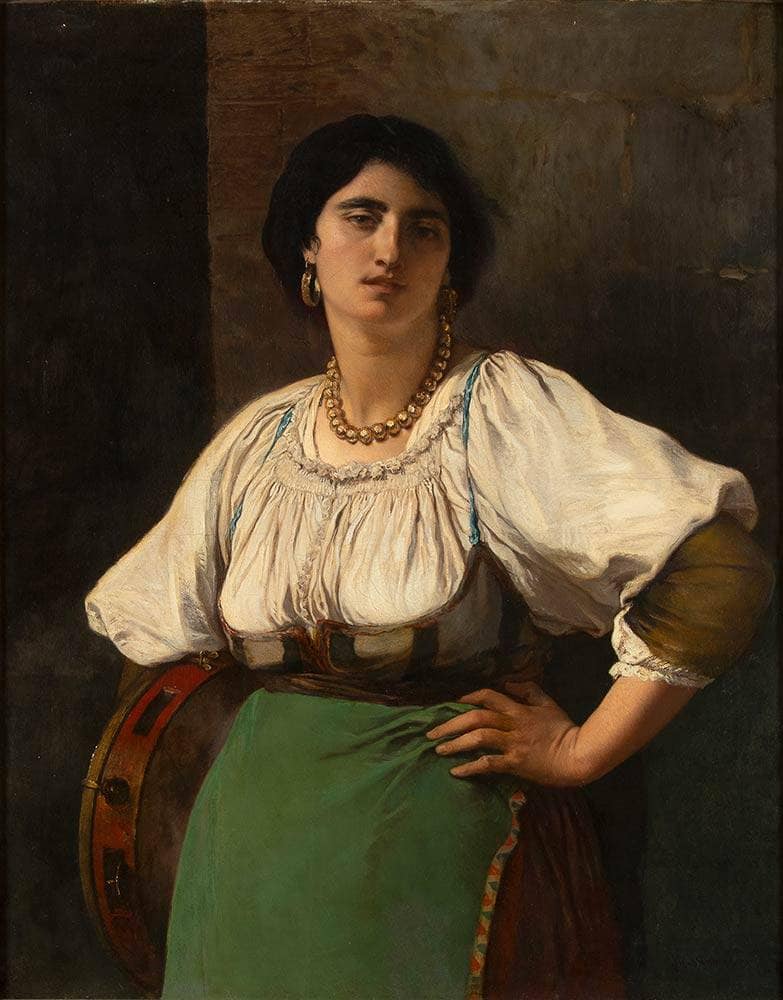 Woman with a tambourine by Michele Cammarano — hand-painted portrait oil painting reproduction on canvas