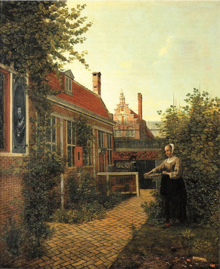 Woman with basket of beans in the kitchen garden by Pieter de Hooch — hand-painted architectural oil painting reproduction on canvas