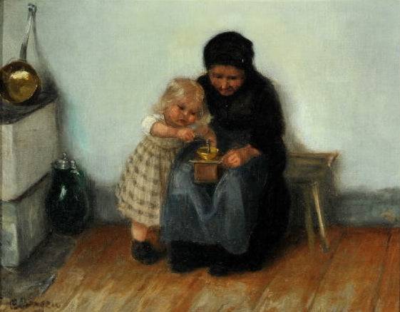 Woman with girl grinding coffee in kitchen by Carl von Bergen — hand-painted portrait oil painting reproduction on canvas