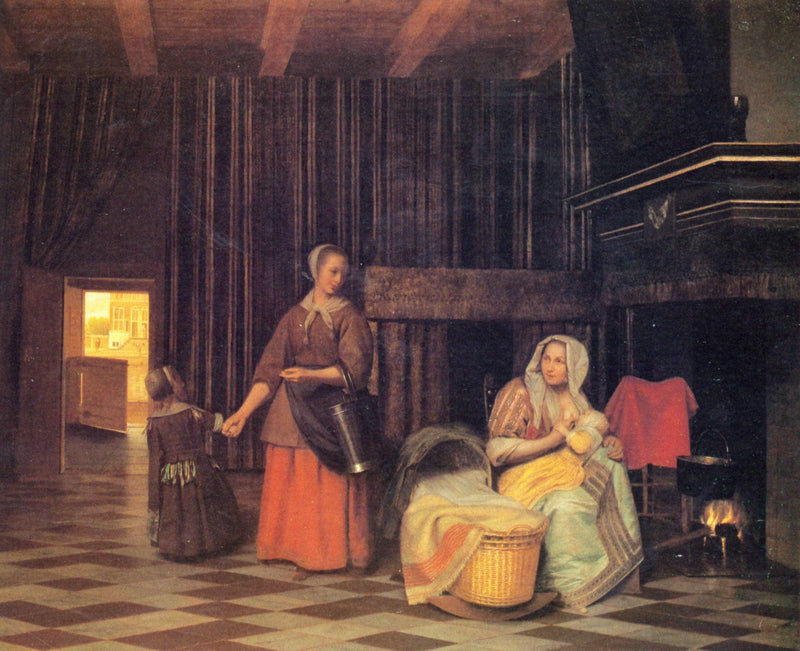 Woman with infant, serving maid with child on gallery wrap