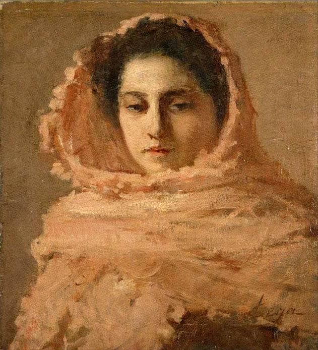 Woman with pink shawl by Silvestro Lega — hand-painted portrait oil painting reproduction on canvas