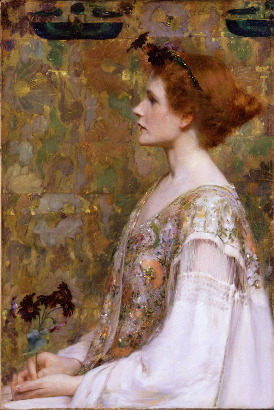 Woman with Red Hair by Albert Herter — hand-painted botanical oil painting reproduction on canvas