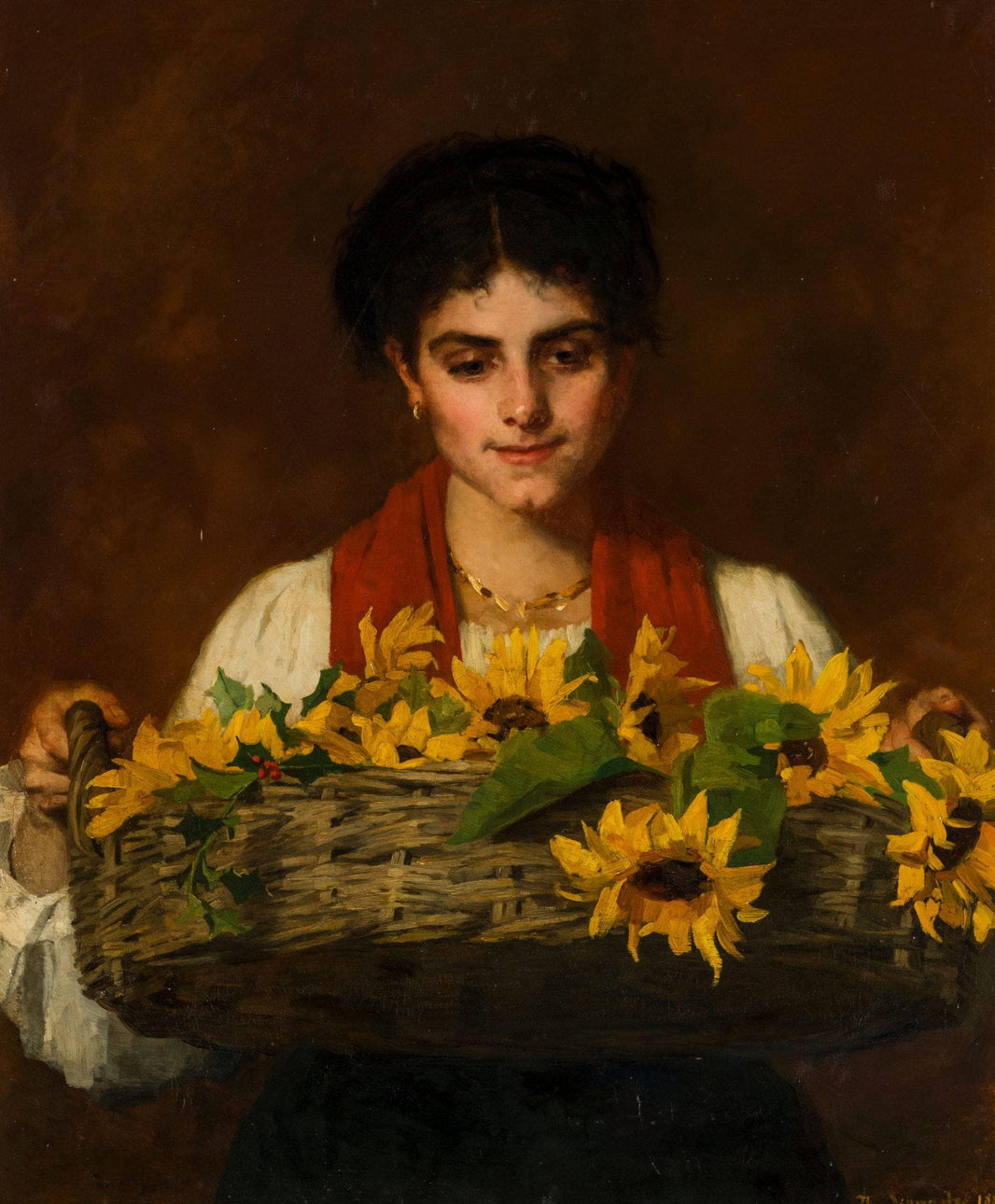 Woman with Sunflowers by Thérèse Schwartze — hand-painted portrait oil painting reproduction on canvas