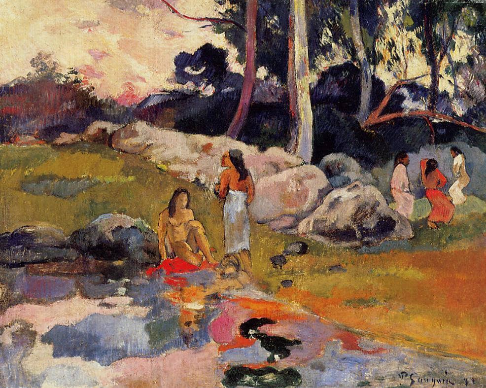 Women at the banks of river by Paul Gauguin — hand-painted landscape oil painting reproduction on canvas