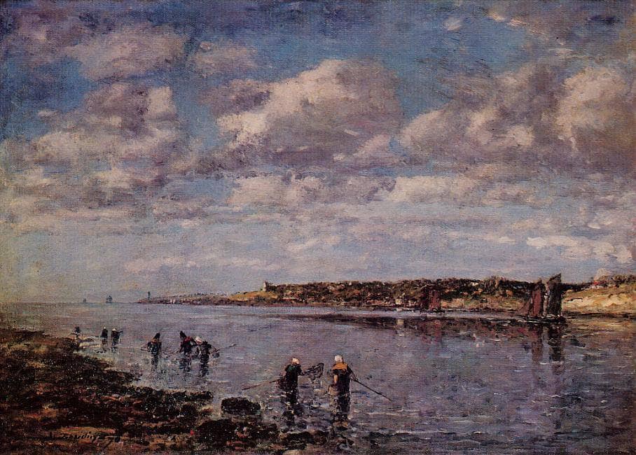 Women Fishing for Shrimp at Kerhor by Eugene Boudin — hand-painted animal oil painting reproduction on canvas