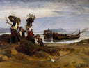 Women loading wood in the port of Anzio by Giovanni (Nino) Costa — ships oil painting wall art, Naturalism